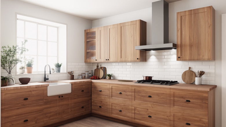modern kitchen with various wooden drawers and cabinets