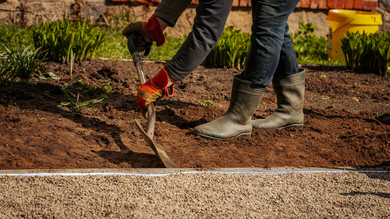 A person digging to plant along the edge of a gravel path