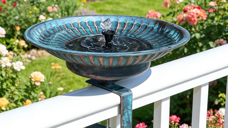 HLQMFHT's Solar Deck Mounted Bird Bath mounted to a railing