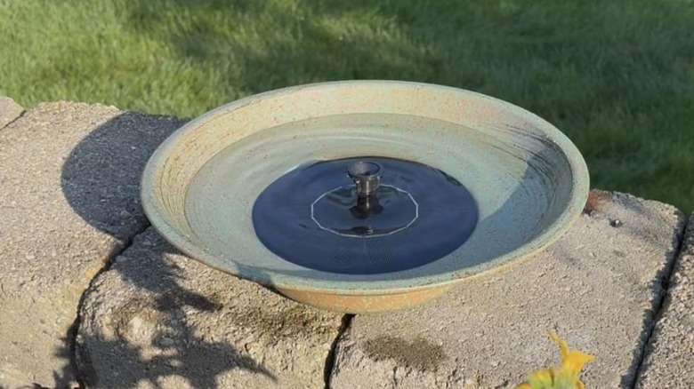 HOUYANG's Solar Metal Bird Bath Bubbler sitting on a cement block wall