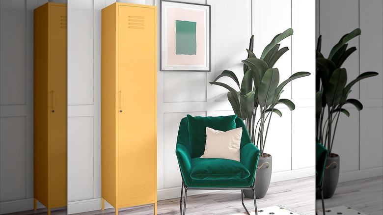 Tall yellow locker next to a chair and plant