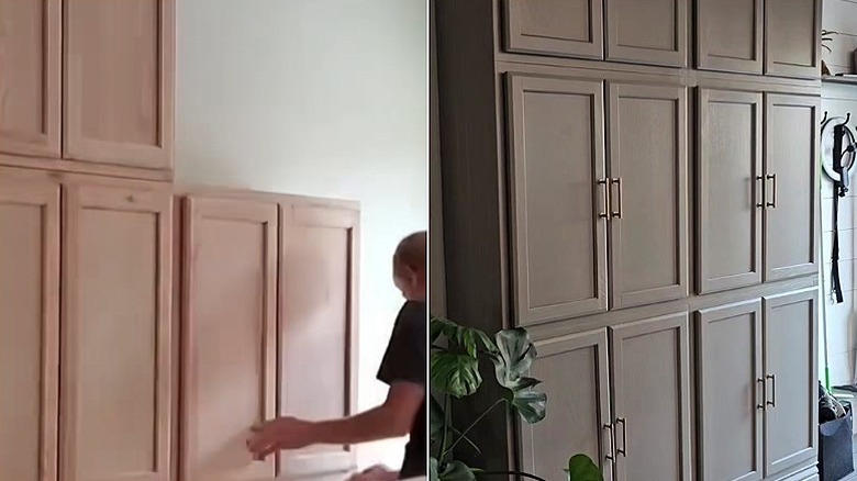Split image showing the pantry assembly on the left and the finished pantry on the right