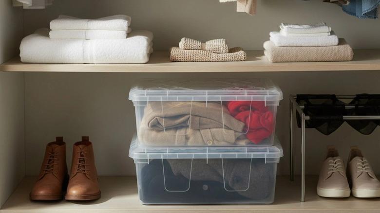 Two Greenmade InstaView plastic storage bins filled with clothes and stacked on a shelf in a closet