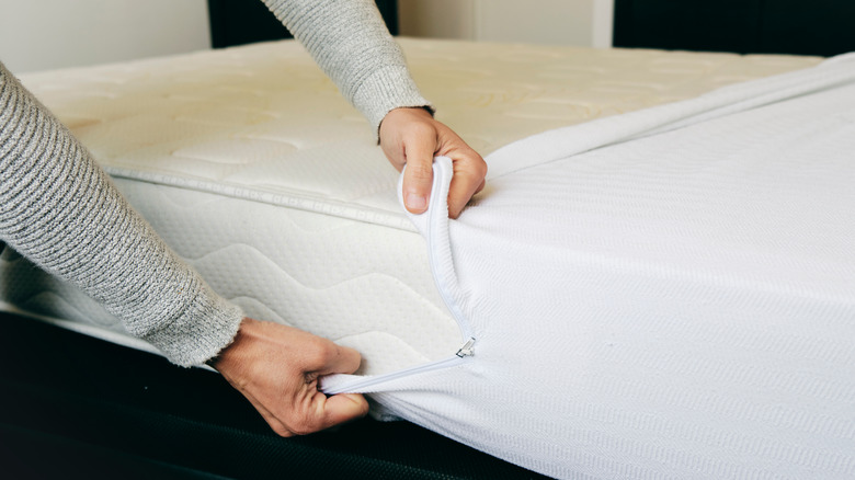 Person putting sheet on mattress