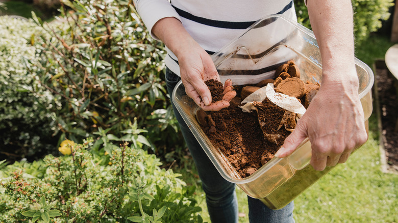 Person sprinkling coffee grounds