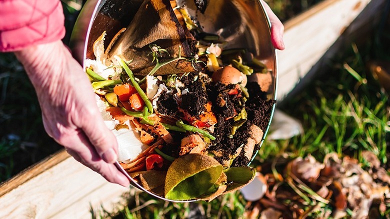 A person empties a bin of kitchen scraps into a compost pile