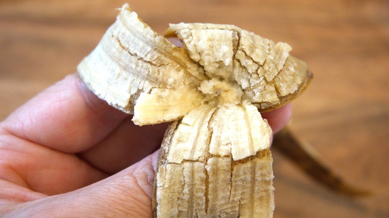 Close-up of a hand holding the end of an empty banana peel