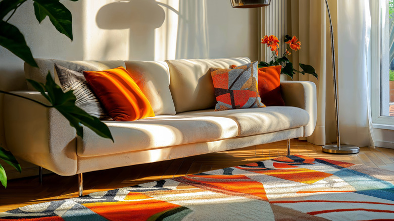 Blue, orange, grey, and beige area rug with beige sofa and colorful throw pillows.