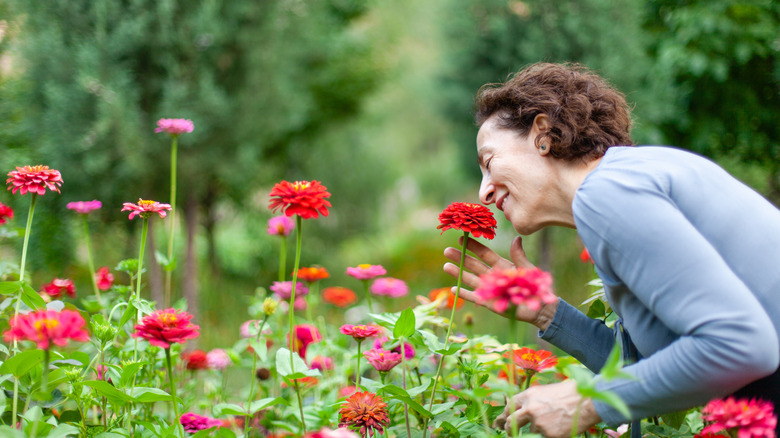 woman smelling flower in garden