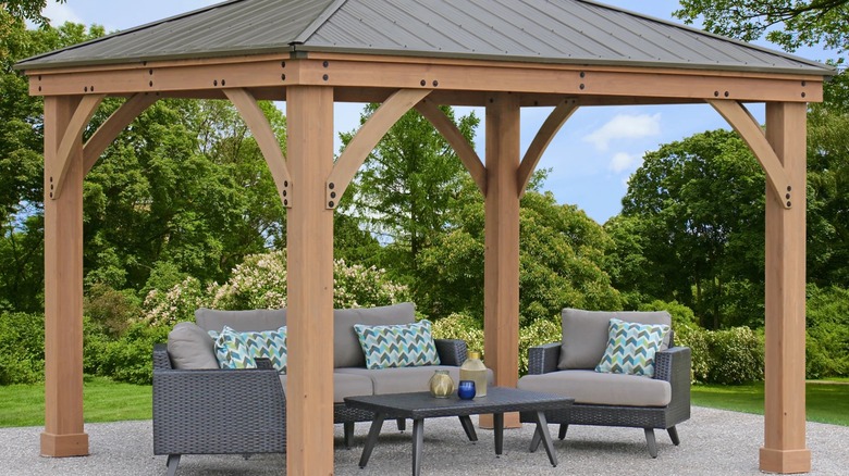 Costco gazebo on a gravel pad