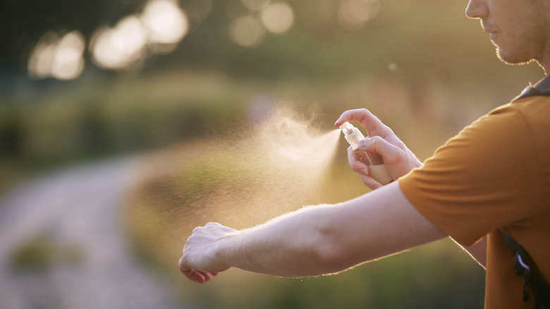 a person spraying mosquito repellent on their arm
