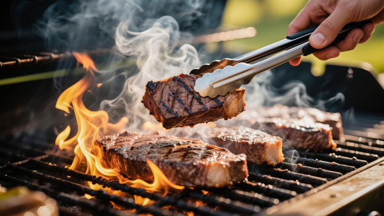 Cooking juicy steaks on a traditional charcoal grill