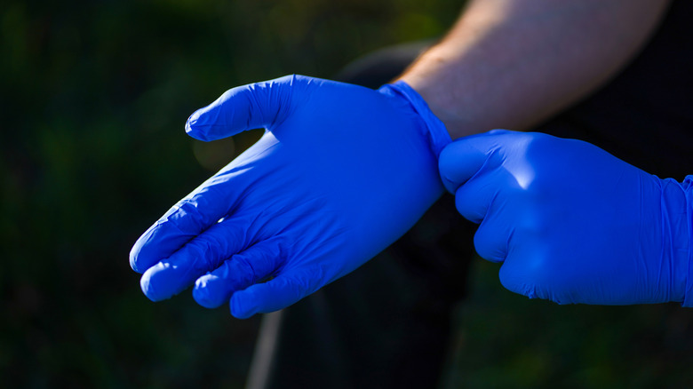 Putting on blue disposable gloves outdoors.