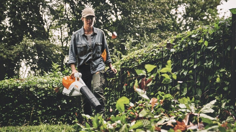 A person clearing a garden of leaves with Stihl's BGA 250 leaf blower