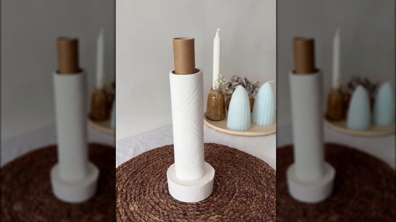 DIY paper towel holder made using plaster and cardboard tube