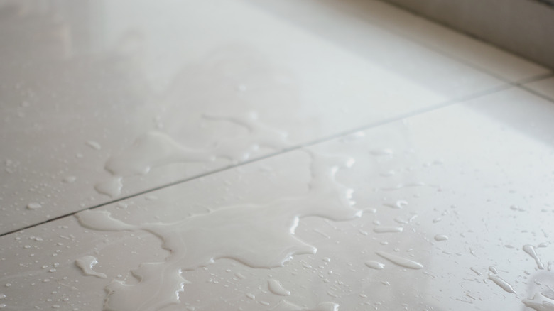 Water on the white tiles of a bathroom floor