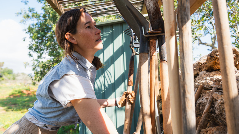 A woman chooses a tool from a collection of garden tools standing up in a backyard shelter.