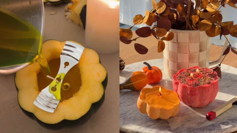 A split screen with someone pouring melted wax in a gourd on the left side and lit gourd candles on the right