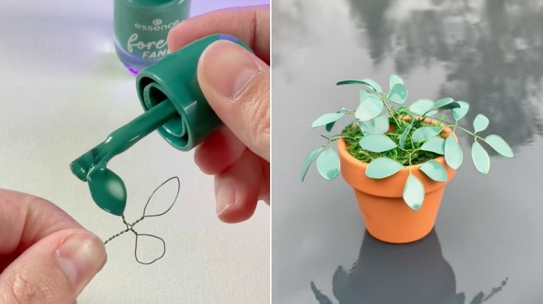 An artificial plant in a tiny terracotta pot with leaves made from wire and green nail polish.