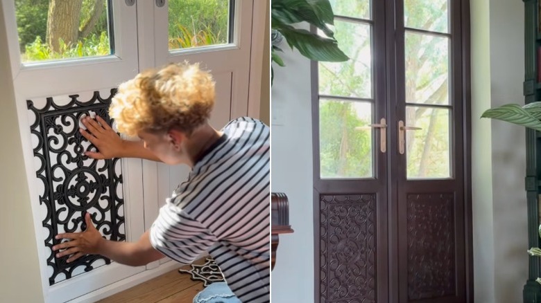 A person cuts up a rubber floor mat to stick to a door as panel detailing.