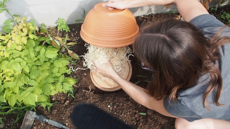 Woman creating bee nest with straw and terracotta pot
