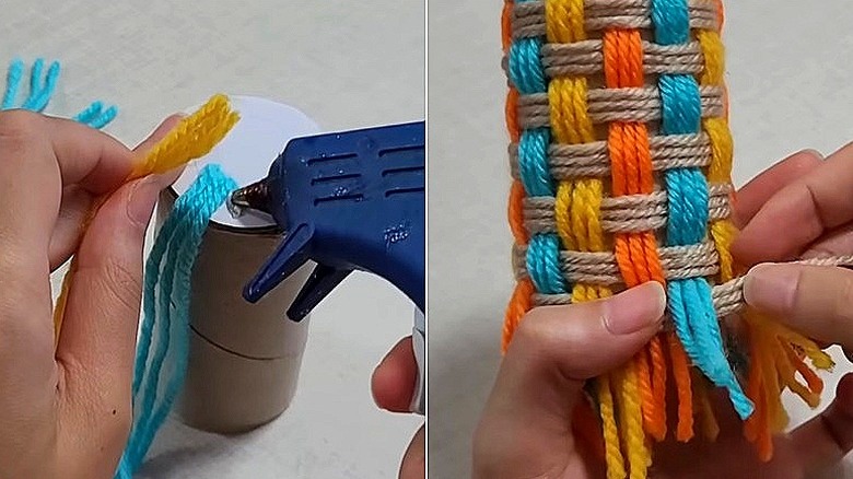 Split image of a demonstrator securing yarn to base of tube design with hot glue, and the weaving process around the paper towel tube