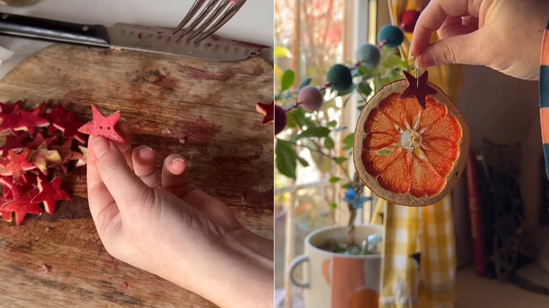 a star made out of dried pomegranate skin with a dried grapefruit piece behind it