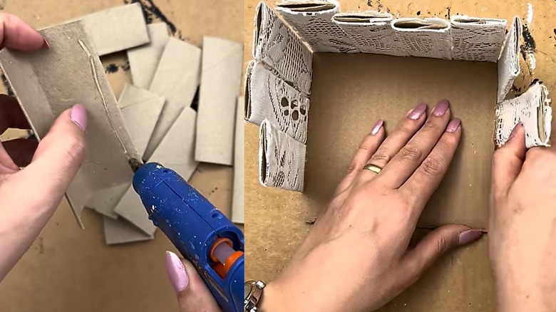 A person making a DIY storage box using toilet paper tubes