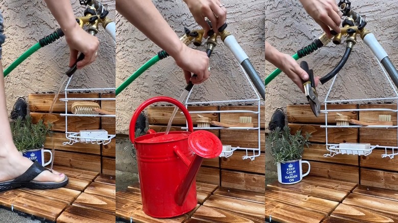 person using DIY outdoor washing station to wash garden shears, rinse feet, and fill watering can