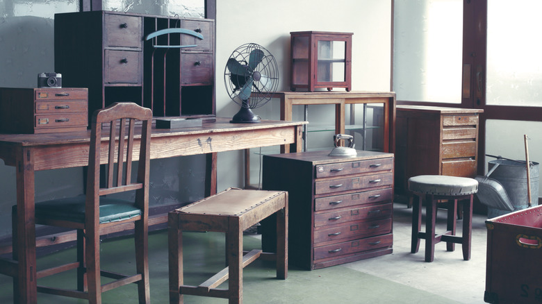 wooden furniture being stored in room
