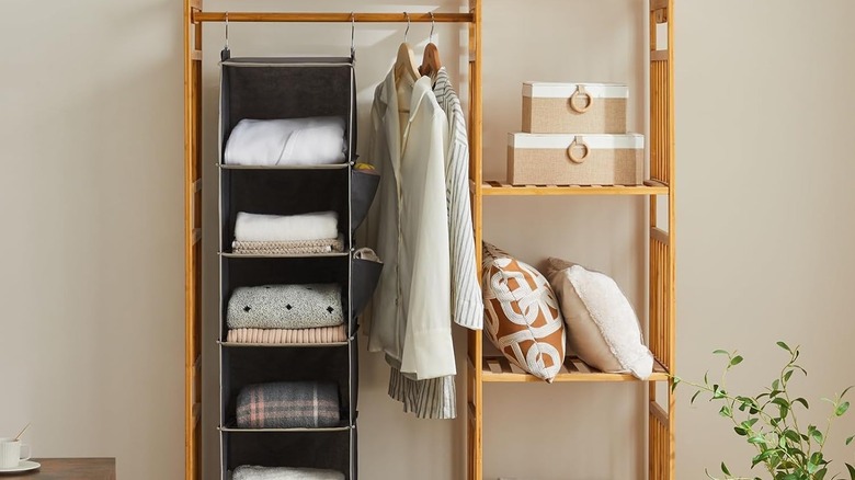 One hanging organizer being used in a free standing closet rack
