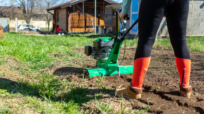 Woman pushing green garden tiller over soil and grass in yard