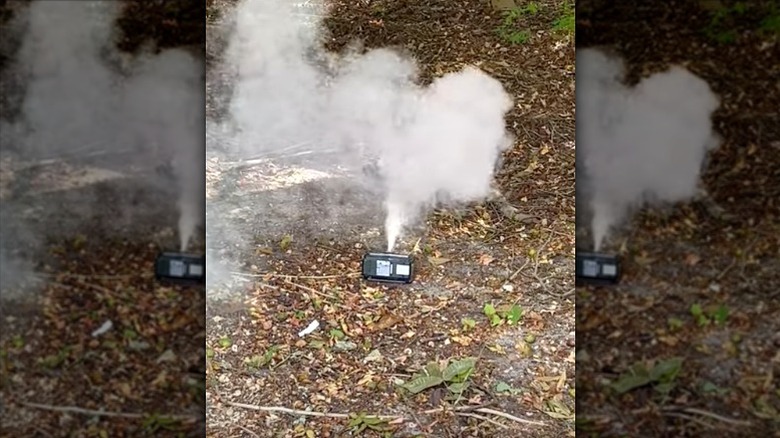 Smoking Ryobi battery in leafy outdoor area
