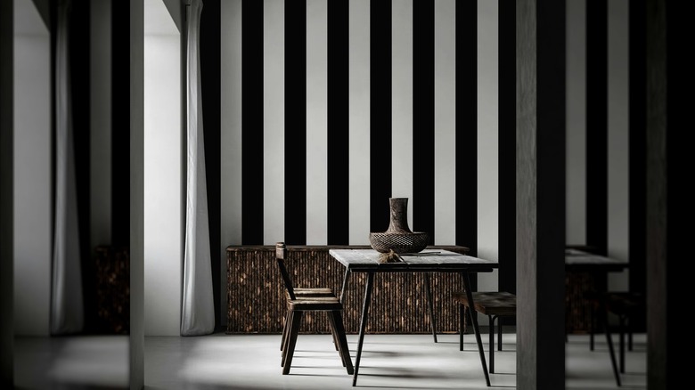 Black and white striped wall in living room