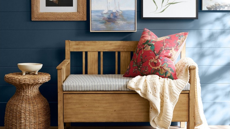 Colorful patterned cushion on mudroom bench