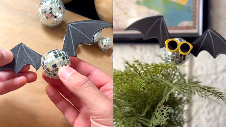 Split image of DIY mini disco ball craft and final mini disco ball bat wearing sunglasses for decor