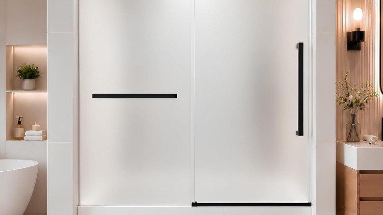 The The Frosted Bathtub Shower Door installed on a white shower in an elegant and well-lit bathroom