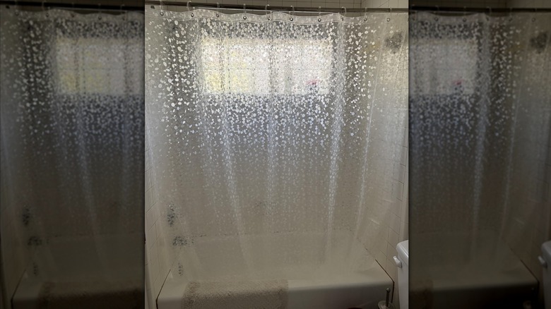 shower curtain liner attached to a tub