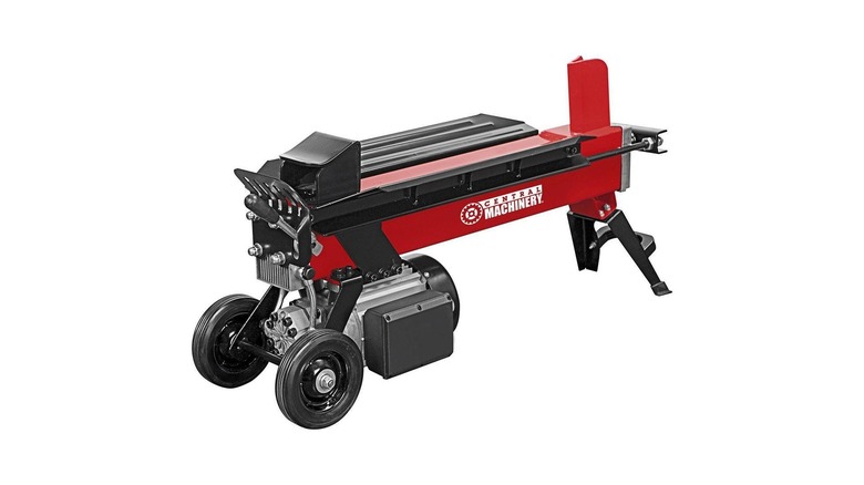 Red and black Central Machinery Log splitter on white background