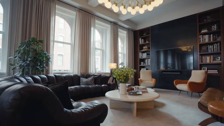 A living room couch in Bobby Flay's New York City apartment.