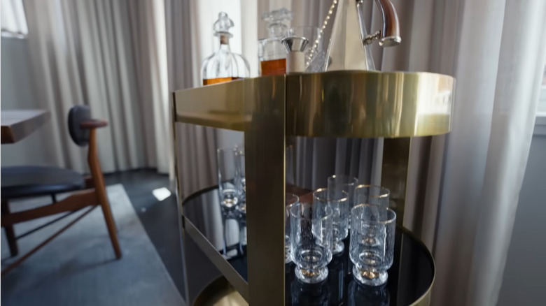 A bar cart in Bobby Flay's New York City apartment.