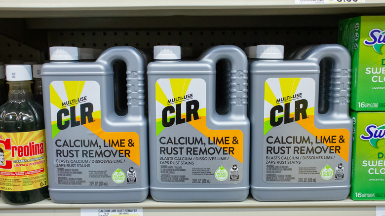 CLR Brand liquid cleaner on a shelf.