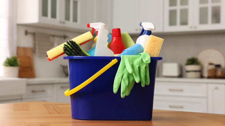 Cleaning supplies in a bucket.