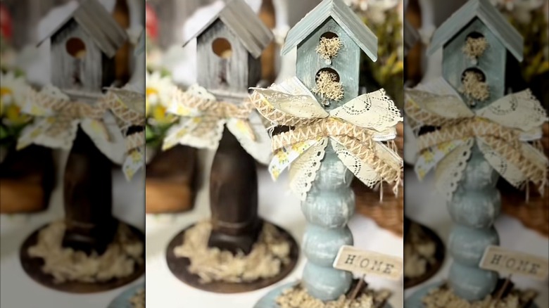Faux wood birdhouses with spindles for the base
