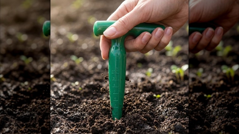 A person's hand pressing a green plastic dibber garden tool into soil to create a hole for seeds.