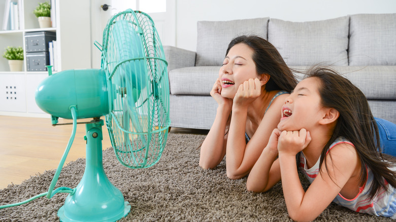 Mom and daughter enjoying fan