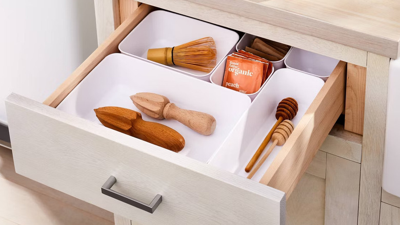 Brightroom's three-pack of long storage trays set up inside a kitchen drawer.