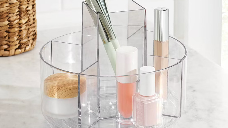 Brightroom's Makeup Turntable Beauty Organizer used to sort various cosmetics.