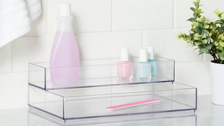 Brightroom's Large Plastic Organizer Trays stacked on a bathroom counter.