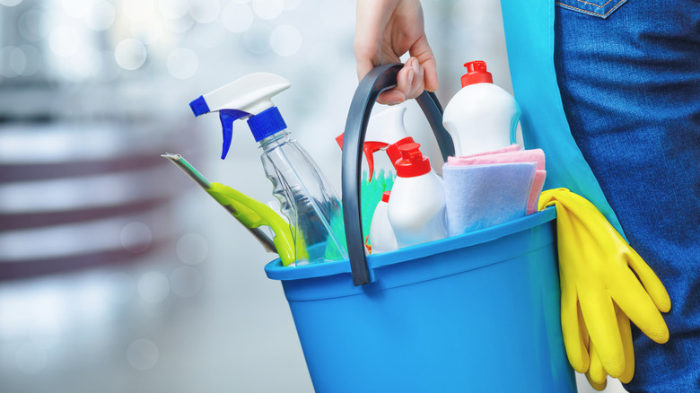 cleaning products in blue bucket